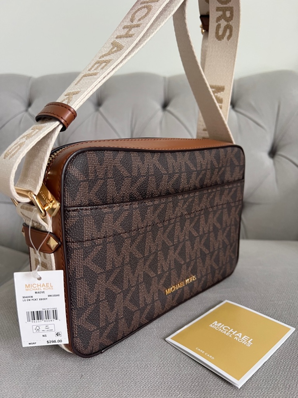 Michael Kors Brown Logo Canvas Crossbody Bag with Branded Cream Strap - Picture 16 of 17